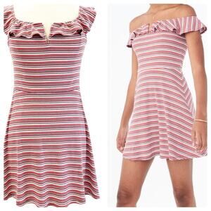 Aeropostale Womens L Mini Dress Ribbed Stripe‎ Ruffle Flounce Salmon Pink White